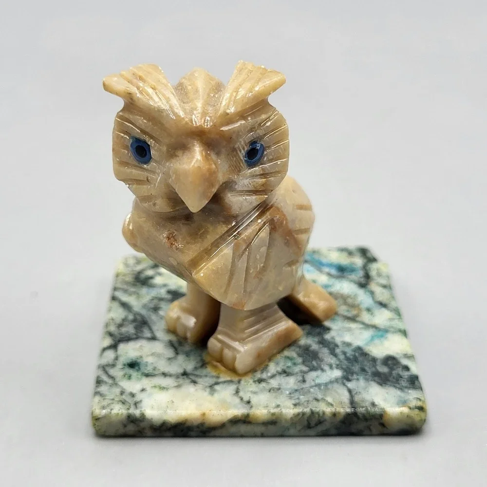 Hand Carved Stone Owl Figurine Blue Eyes Marbled Base Tan Green Shelf Decor
